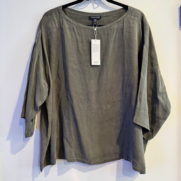 New Eileen Fisher Sandwashed Twill Box-Top Green Side Slit 3/4 Sleeve Sz XL - Picture 3 of 8